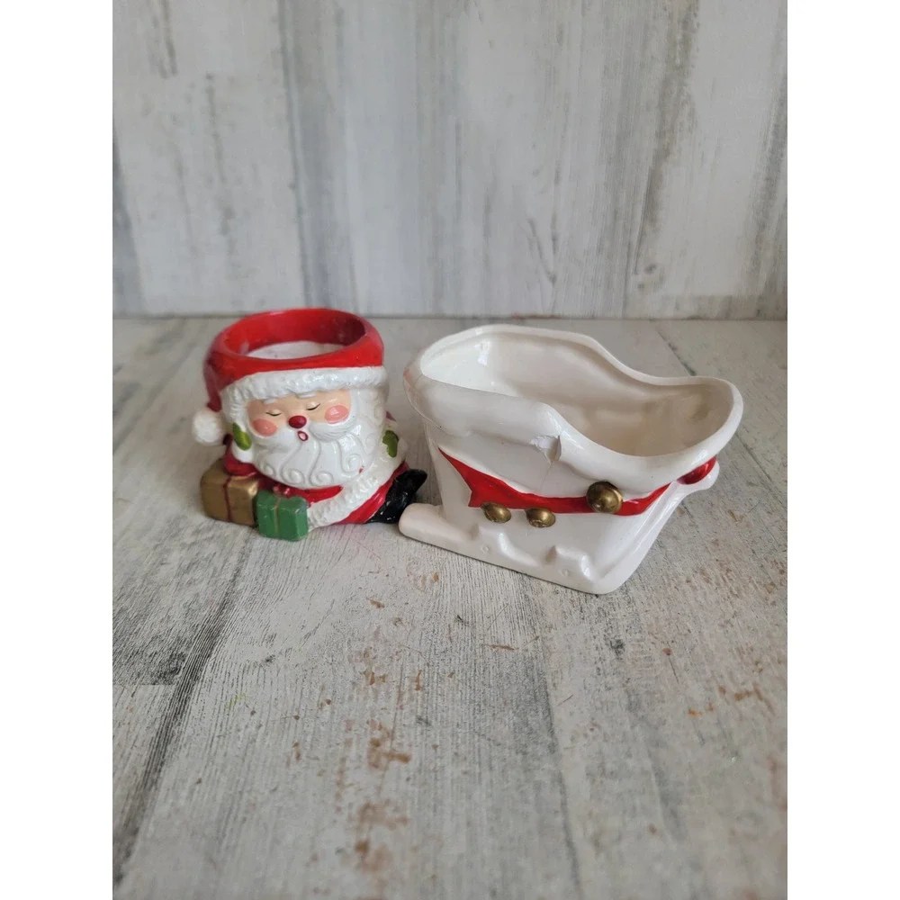 Vintage AS IS Santa Claus sled mini ceramic Xmas candle holder home decor
